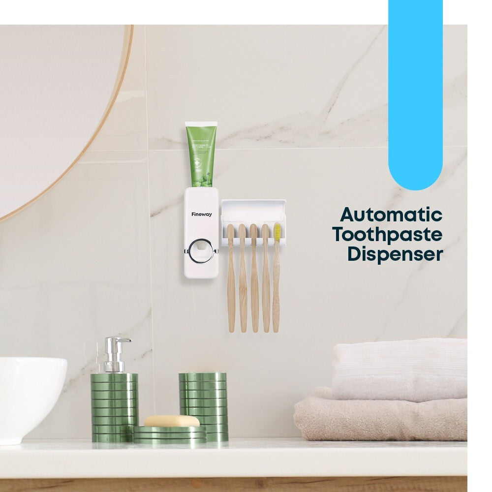 Automatic Toothpaste Dispenser + 5 Toothbrush Holder Stand Wall Mounted Bathroom