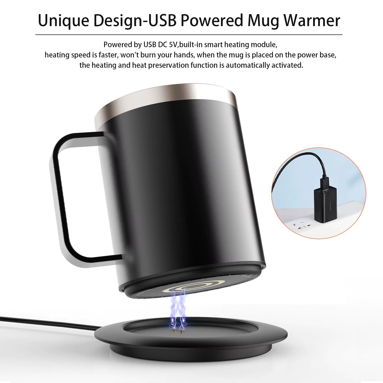 Self-Heating Coffee Mug - 12Oz USB Electric Heated Mug Heat 131-149℉ Smart Warming Travel Mug Double Layer Food Grade Cup Warmer