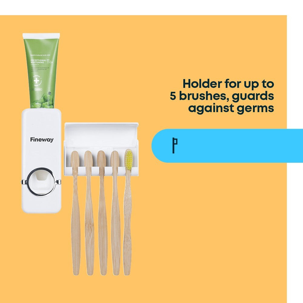 Automatic Toothpaste Dispenser + 5 Toothbrush Holder Stand Wall Mounted Bathroom